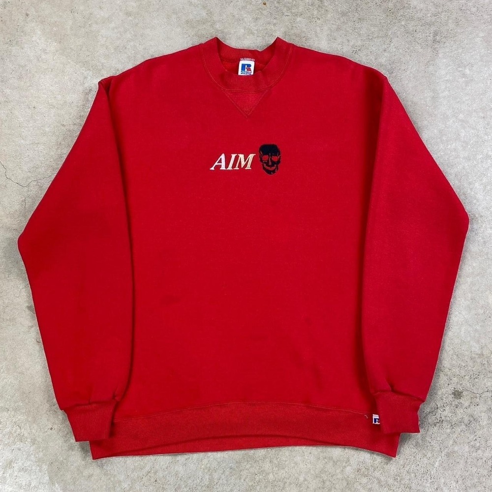 Vintage 80s Russell Athletic Sweatshirt Size XL Red AIM Skull Crewneck